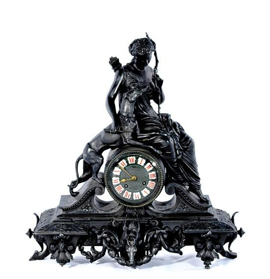 Appraisal: French figural mantel clock circa round dial with enameled cartouches