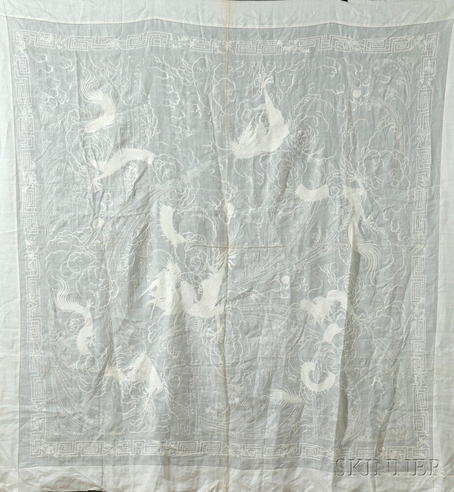 Appraisal: Bedcover China th century white silk embroidered with dragons chasing