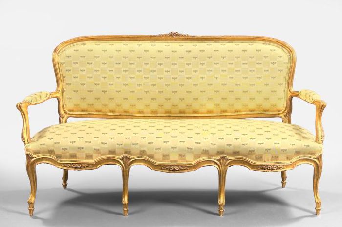 Appraisal: Louis XV-Style Giltwood Sofa the molded top rail centered by