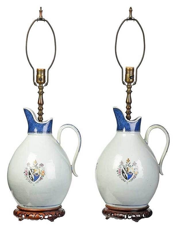 Appraisal: Pair Chinese Export Porcelain Pitcher Lamps th th century center