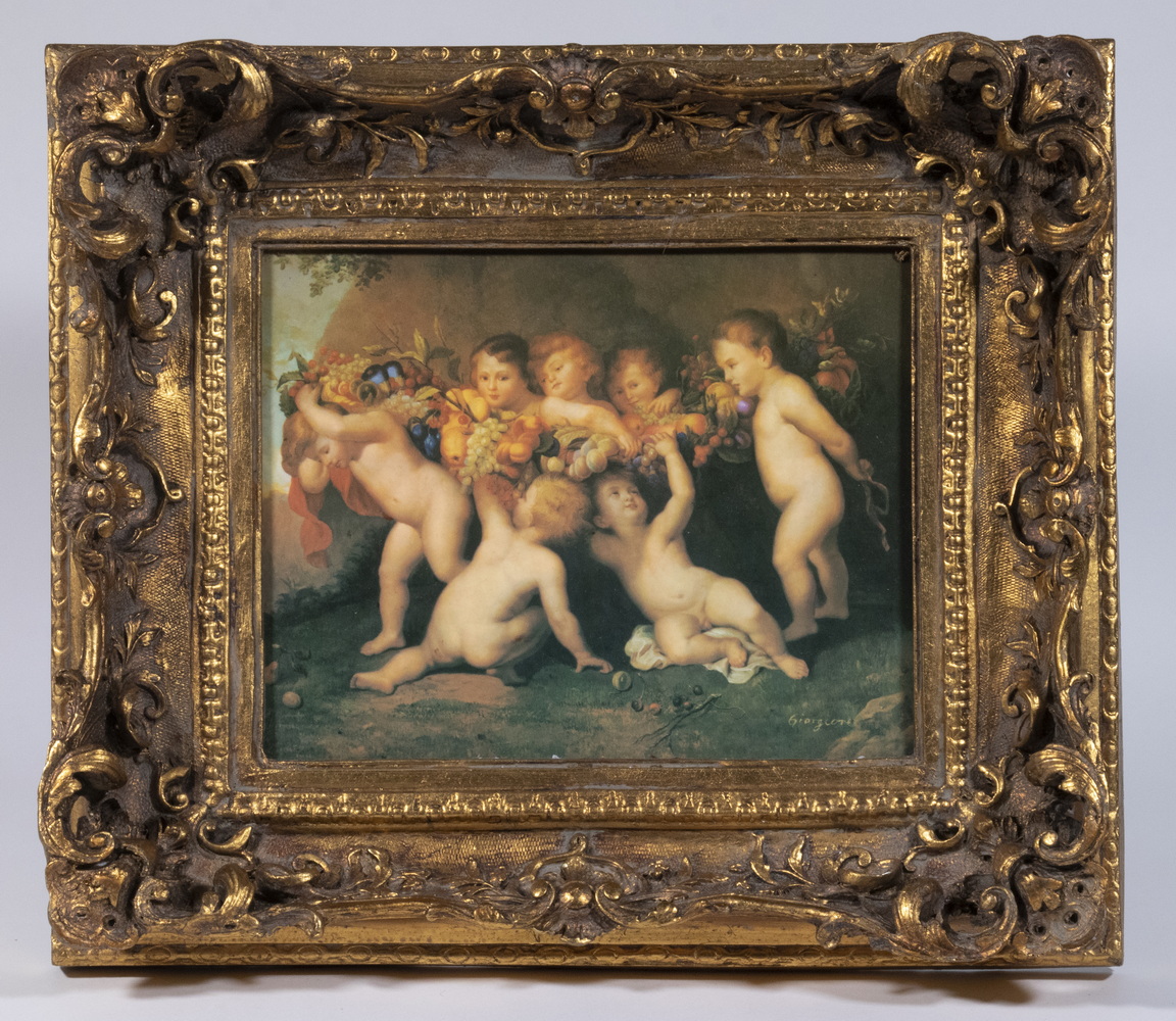 Appraisal: FRAMED PLAQUE Replica Renaissance Painting of Frolicking Putti with Fruit