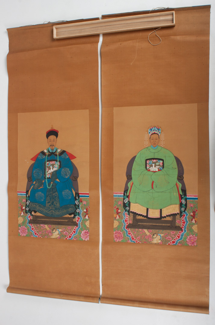 Appraisal: Chinese paintings Pair of ancestor portraits th century gouache on