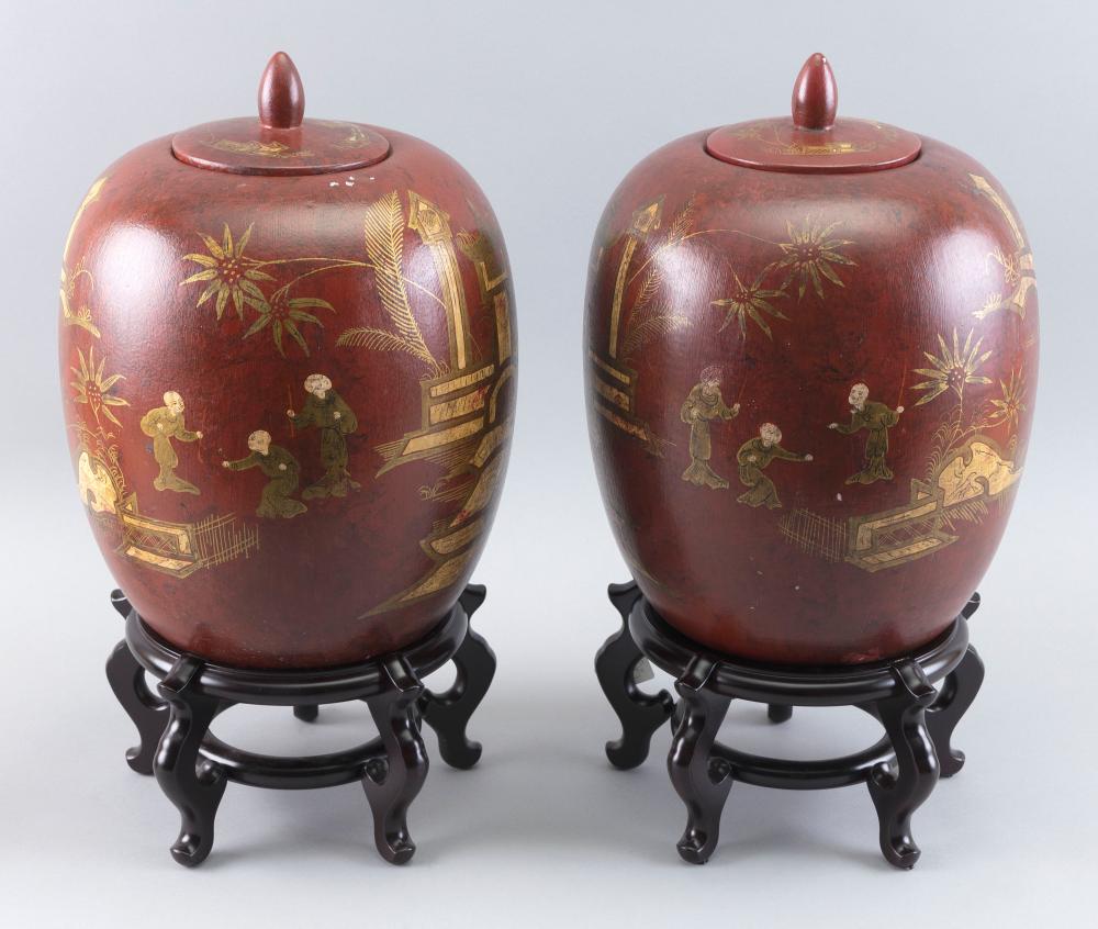 Appraisal: PAIR OF CHINESE FAUX LACQUER PORCELAIN COVERED JARS EARLY TH