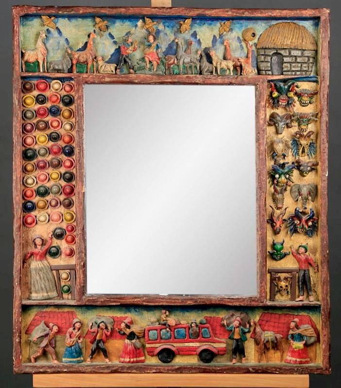 Appraisal: Peruvian Folk Art Mirror Rectangular form decorated with figures llamas