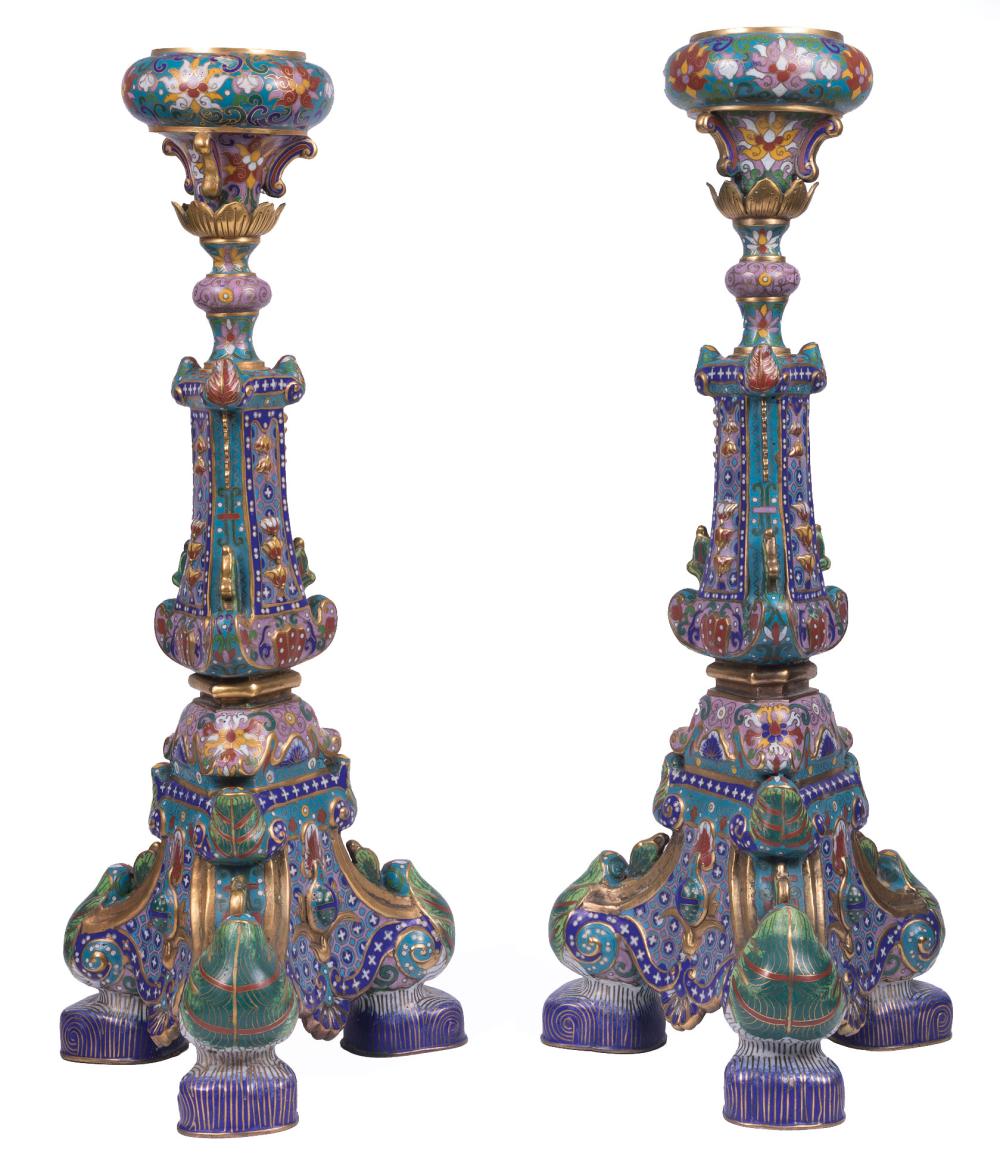 Appraisal: Pair of Chinese Cloisonn Enamel Candle Stands globular lotus mouths