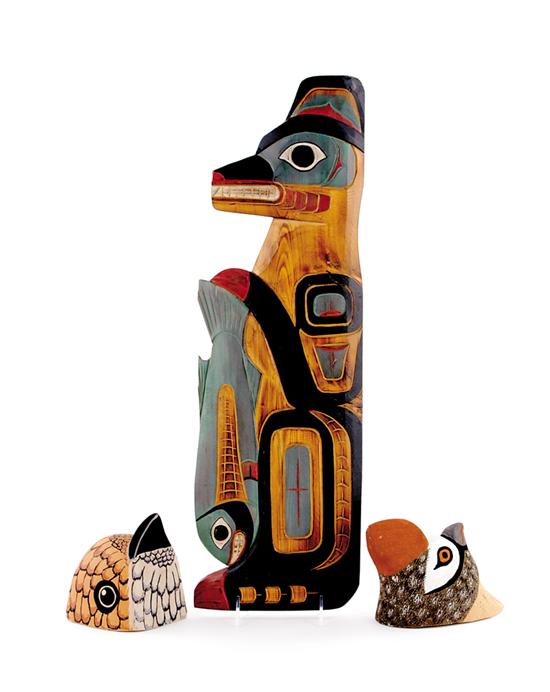 Appraisal: Collection of Alaskan carved and painted masks and totem two