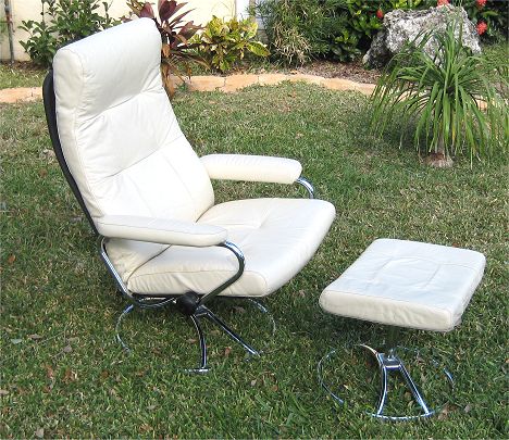 Appraisal: EKORNES WHITE LEATHER RECLINER CHAIR FOOT STOOL No tags chair