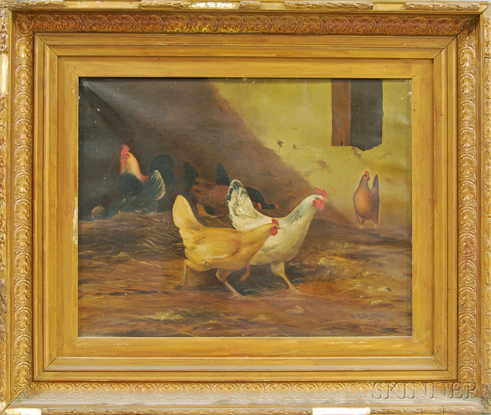 Appraisal: American School th Century Chickens in a Barn Signed and