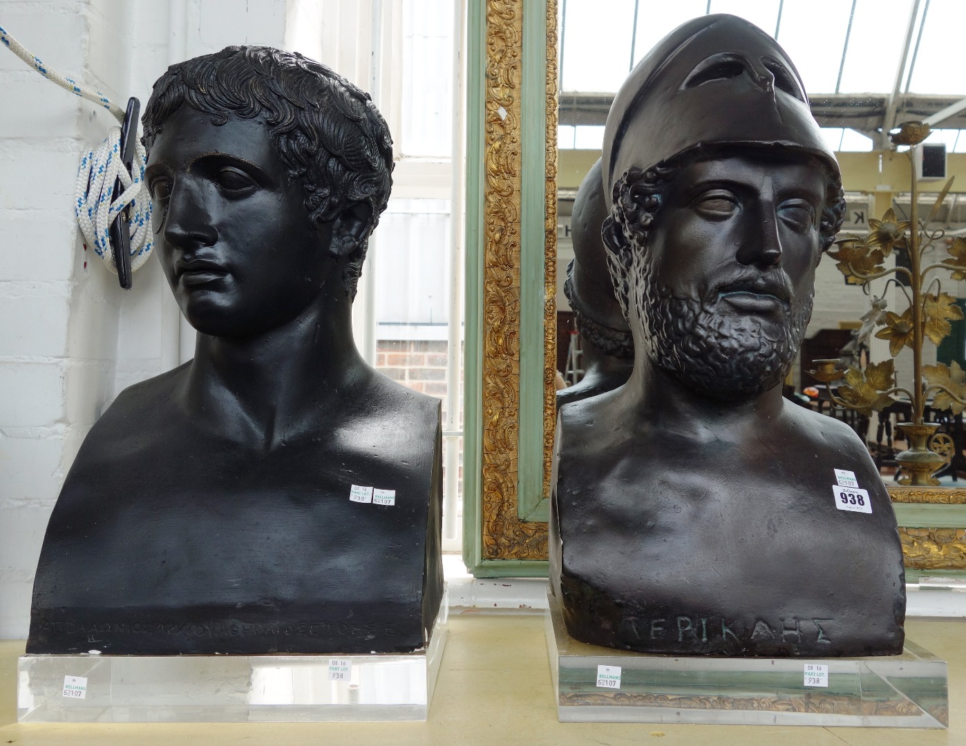 Appraisal: Two black painted plaster busts late th century each depicting