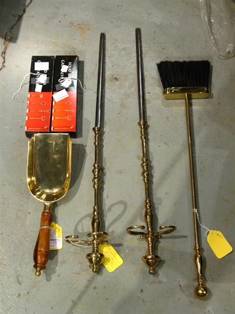 Appraisal: ASSORTED BRASS FIRE TOOLS includes a broom two brass radiator