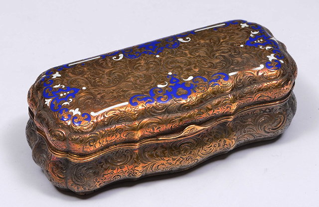 Appraisal: A CONTINENTAL SILVER GILT AND ENAMEL SNUFF BOX with engraved