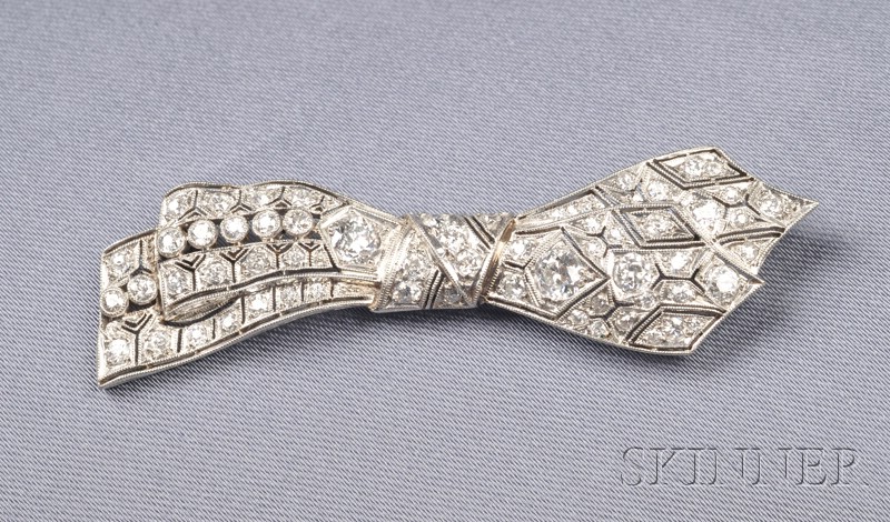 Appraisal: Art Deco Platinum and Diamond Bow Brooch set throughout with