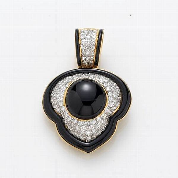 Appraisal: A diamond black onyx and k gold pendant-enhancer estimated total