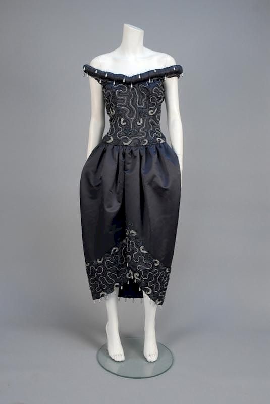 Appraisal: MEXICAN LABEL BEADED SILK EVENING DRESS s Charcoal satin with