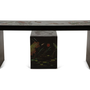 Appraisal: Two Chinese Black Lacquer Tables with Polychrome Lotus Flower and