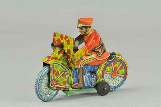 Appraisal: MARX SOLDIER ON CYCLE Lithographed tin camouflaged cycle colors soldier