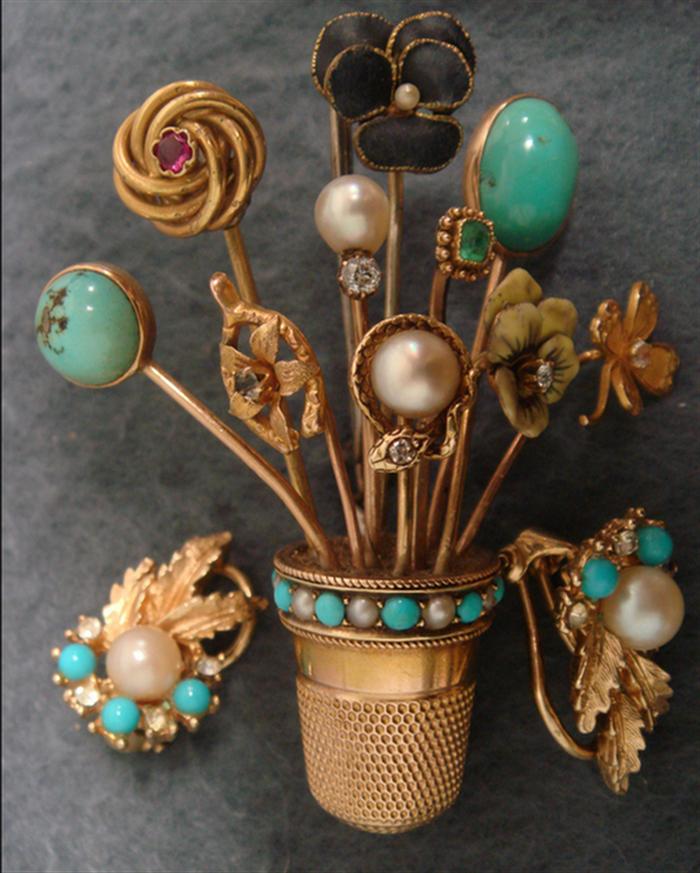 Appraisal: YG thimble mounted with stickpins set with diamonds turquoise pearl