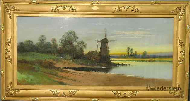 Appraisal: Pastel drawing of a windmill at river's edge at dusk