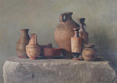 Appraisal: Paul de Pidoll French - Still life of early pottery