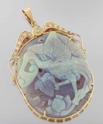 Appraisal: A Large Carved Black Opal Cameo in Gold and Diamond