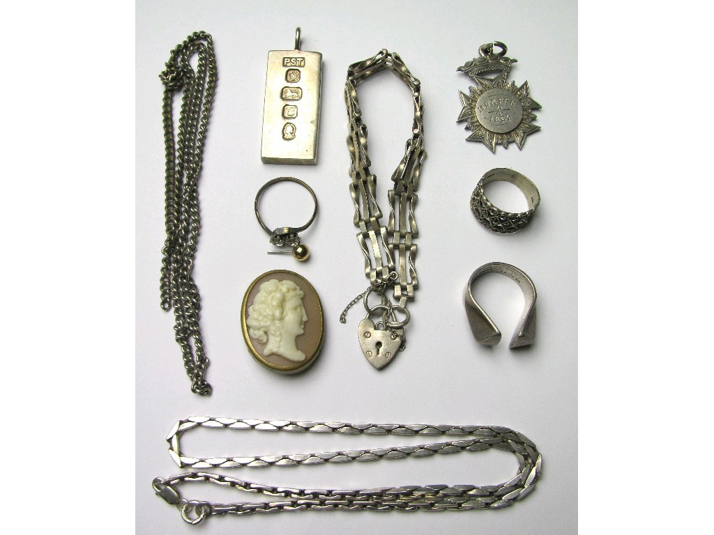 Appraisal: Lot comprising silver neckchains silver bracelet silver rings cameo brooch