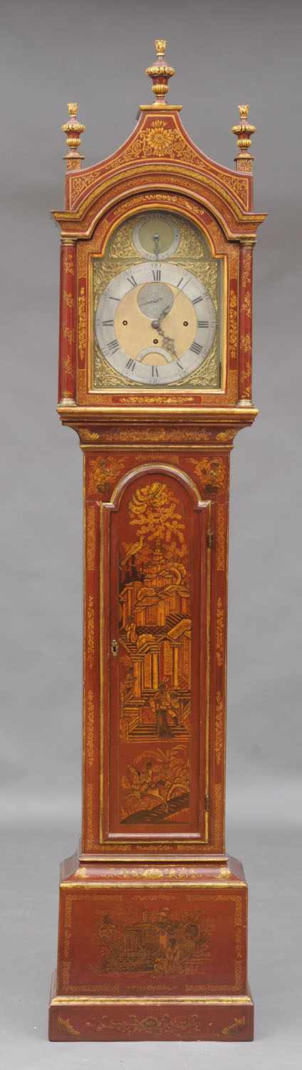 Appraisal: GEORGE II RED LACQUER AND PARCEL-GILT TALL CASE CLOCK THE