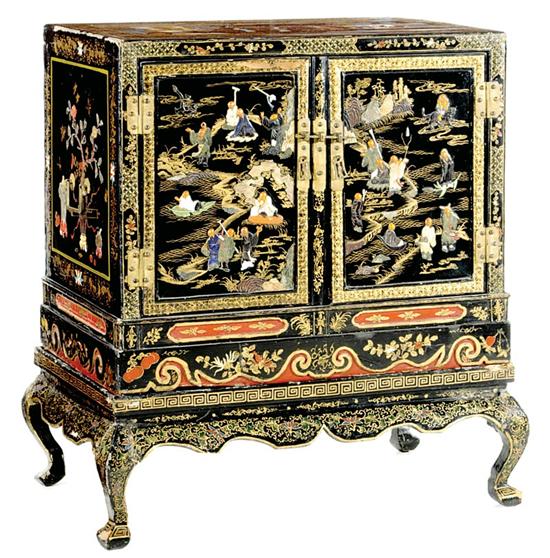 Appraisal: Oriental chinoiserie-decorated cabinet on stand th century rectangular top over