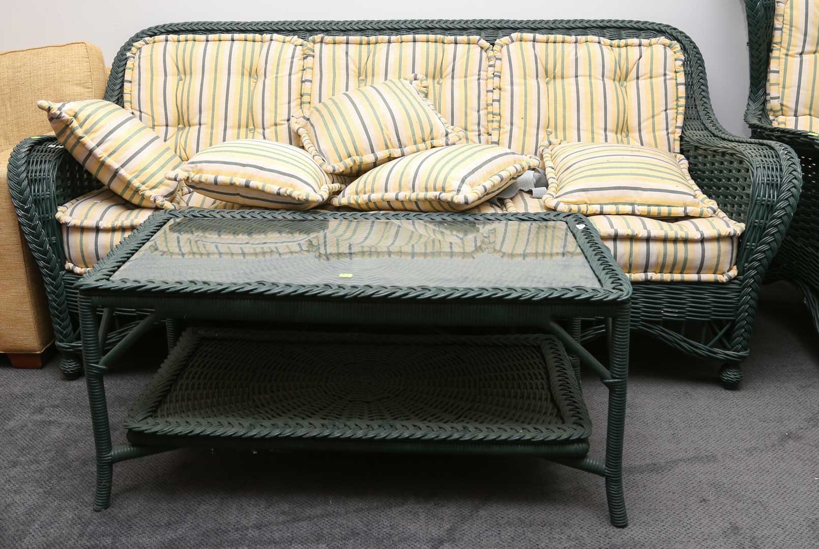 Appraisal: Wicker patio set including sofa three armchairs cart coffee table