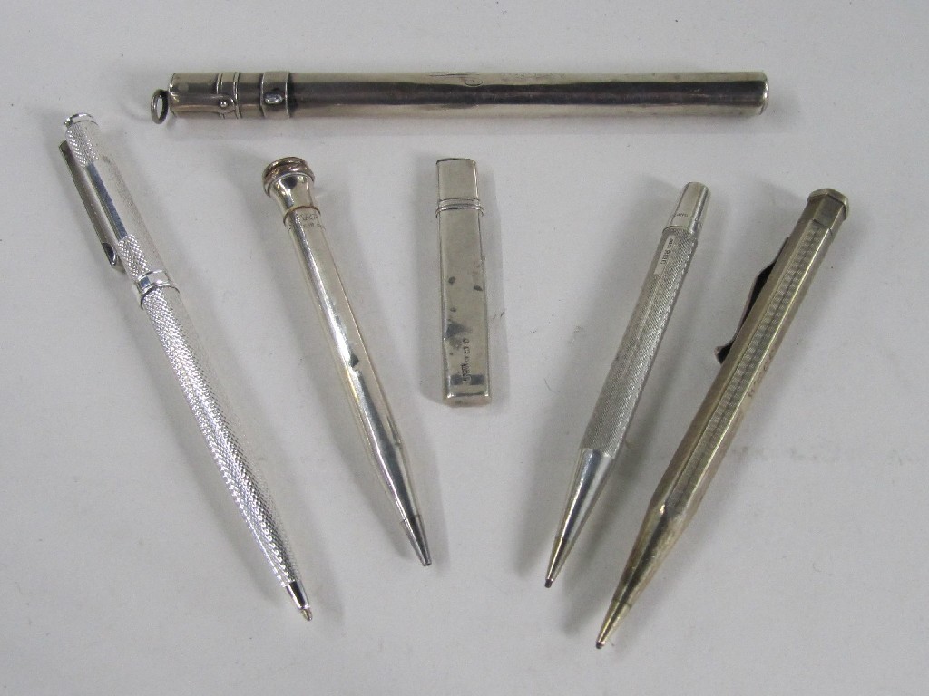 Appraisal: Lot comprising two silver propelling pencils a silver pencil holder