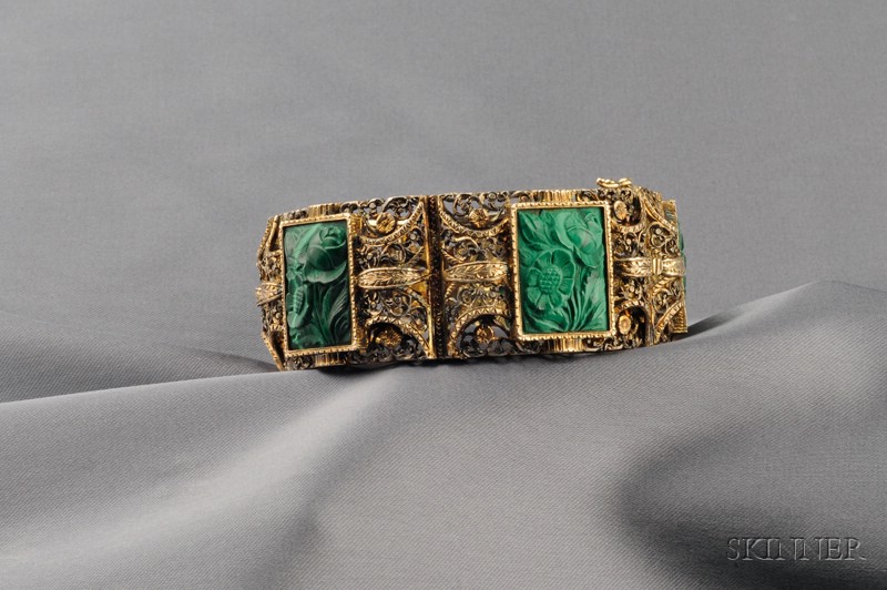 Appraisal: Malachite Bracelet the carved malachite panels set in an elaborate