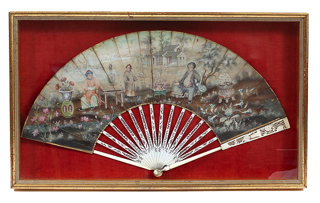 Appraisal: A TH CENTURY CANTON FAN with ivory sticks painted with