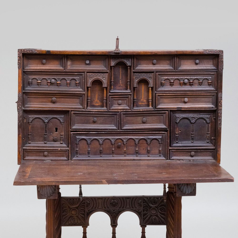 Appraisal: Spanish Wrought-Iron And Velvet-Mounted Inlaid Walnut Vargueno on Later Stand