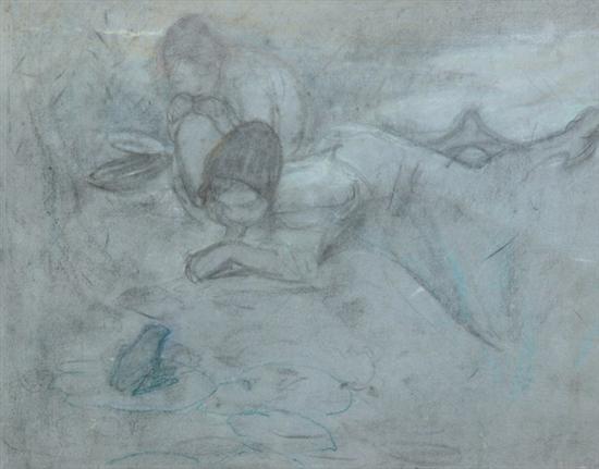 Appraisal: MUCHA American th century CHILDREN BY THE POND pastel on