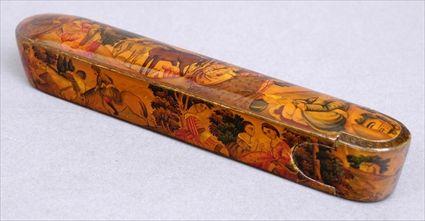 Appraisal: PERSIAN LACQUER PEN BOX The sliding case with groups of