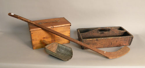 Appraisal: Wooden tool carrier together with a storage box grain scoop