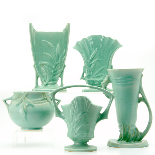 Appraisal: ROSEVILLE Five green Velmoss pieces an basket two flat vases