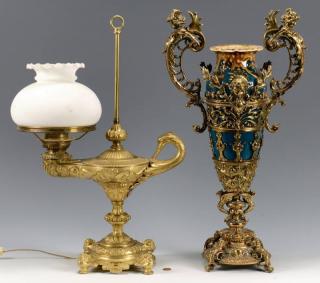 Appraisal: Bronze Genie lamp and mounted vase Gilt Bronze Genie form