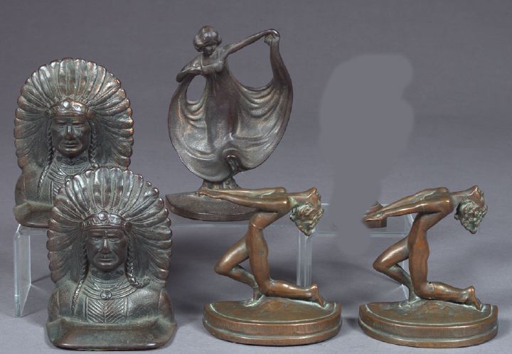 Appraisal: Five-Piece Group of Cast-Iron and Bronze-Patinated Spelter Items consisting of