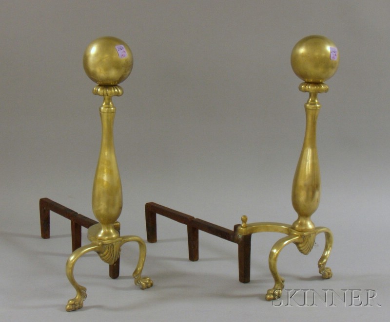 Appraisal: Pair of Sheffield Mfg Co Brass Ball-top Andirons New York