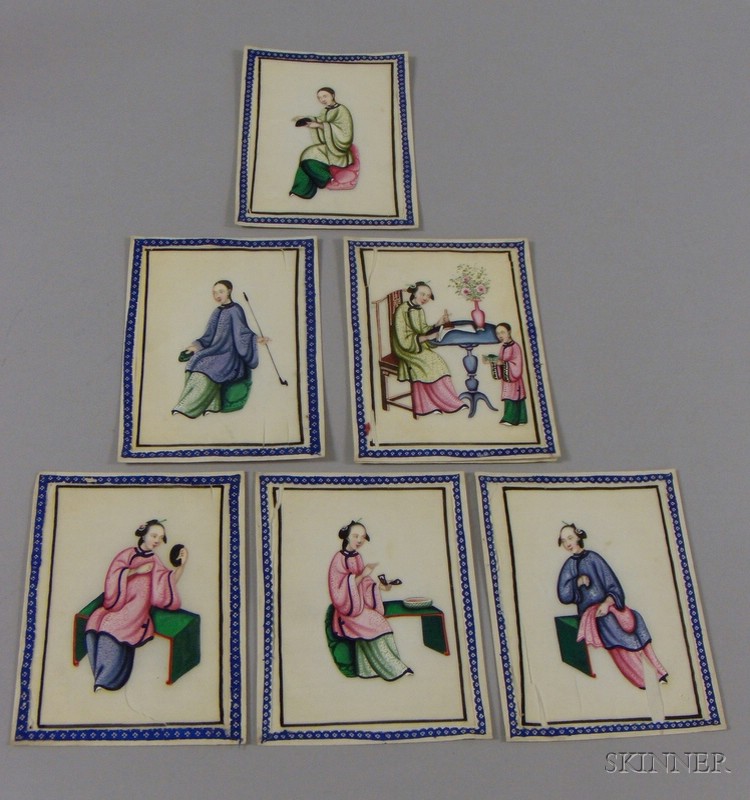 Appraisal: Seven Small Unframed Pith Paper Paintings all of women ht