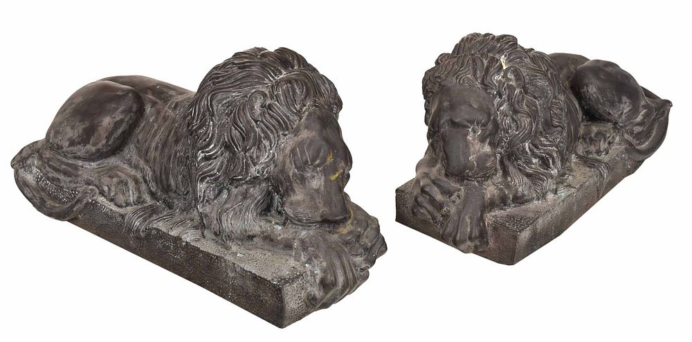 Appraisal: Large Pair Patinated Bronze Recumbent Lions th century each recumbent