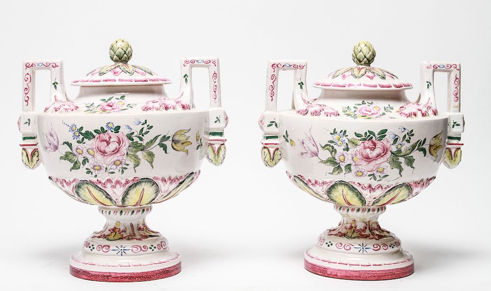 Appraisal: French Porcelain Covered Urns Floral Foliate Pr Pair of French