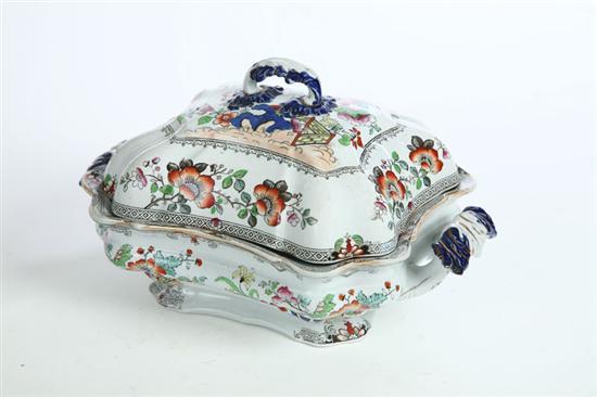 Appraisal: IRONSTONE COVERED TUREEN Decorated with polychrome transfer flowers and a