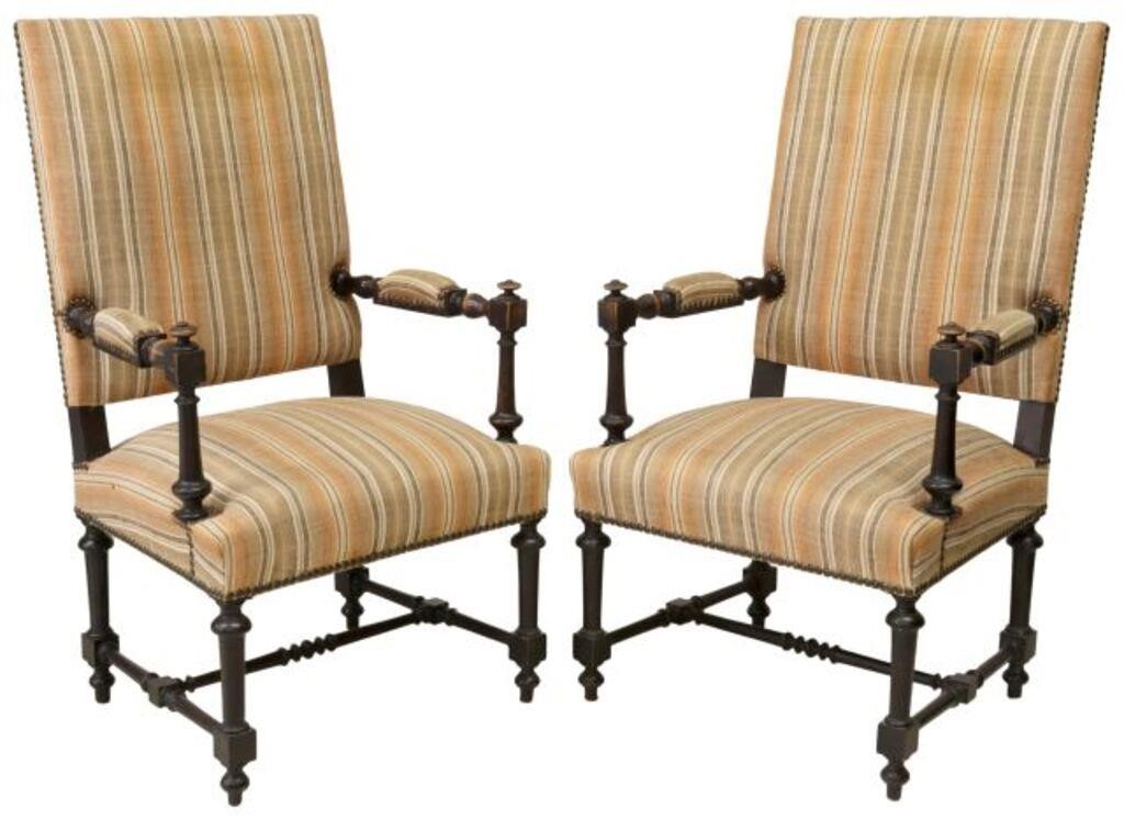 Appraisal: pair French Louis XIV style armchairs early th c striped