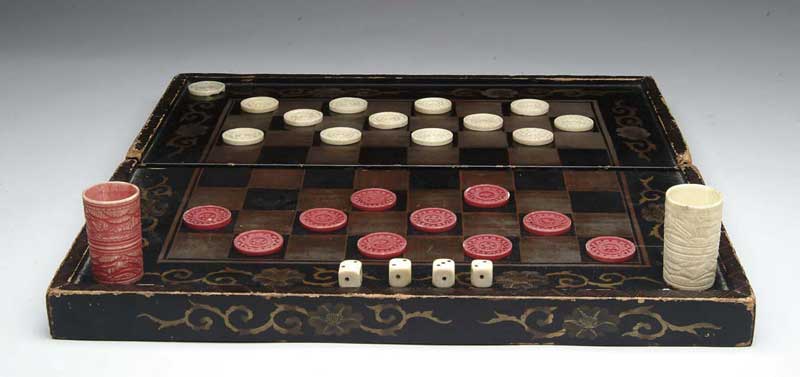 Appraisal: ORIENTAL LACQUERWARE CARVED BONE BACKGAMMON CHESS SET Lacquerware game board