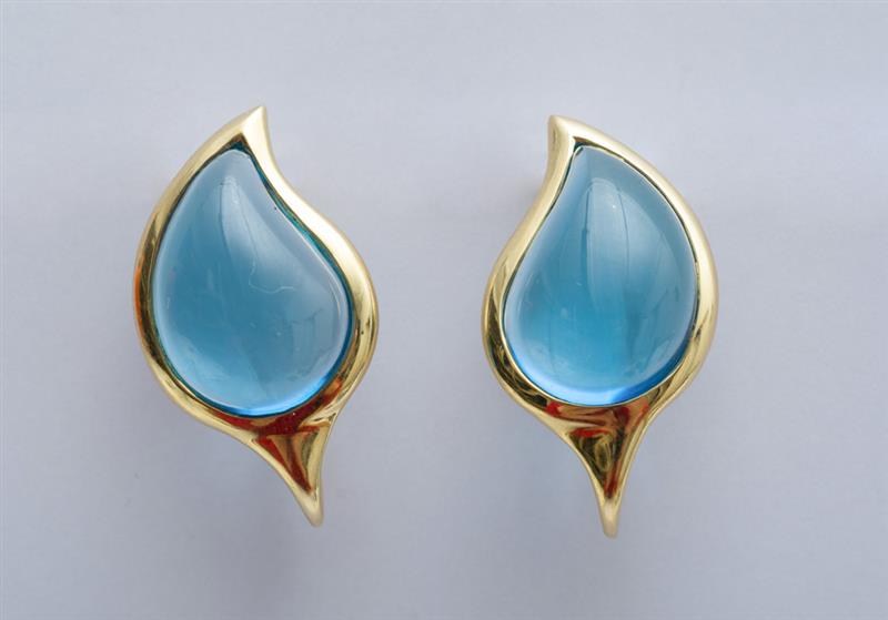 Appraisal: PAIR OF K YELLOW GOLD AND BLUE TOPAZ TEARDROP SHAPED