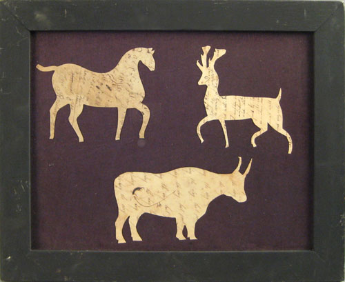 Appraisal: Framed group of three paper cutouts of animals th c