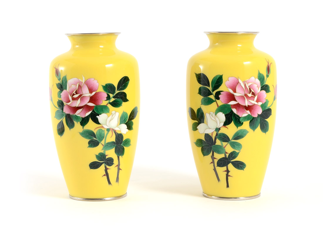 Appraisal: PAIR FLORAL CLOISONNE YELLOW VASES Mid- th Century rose flowers