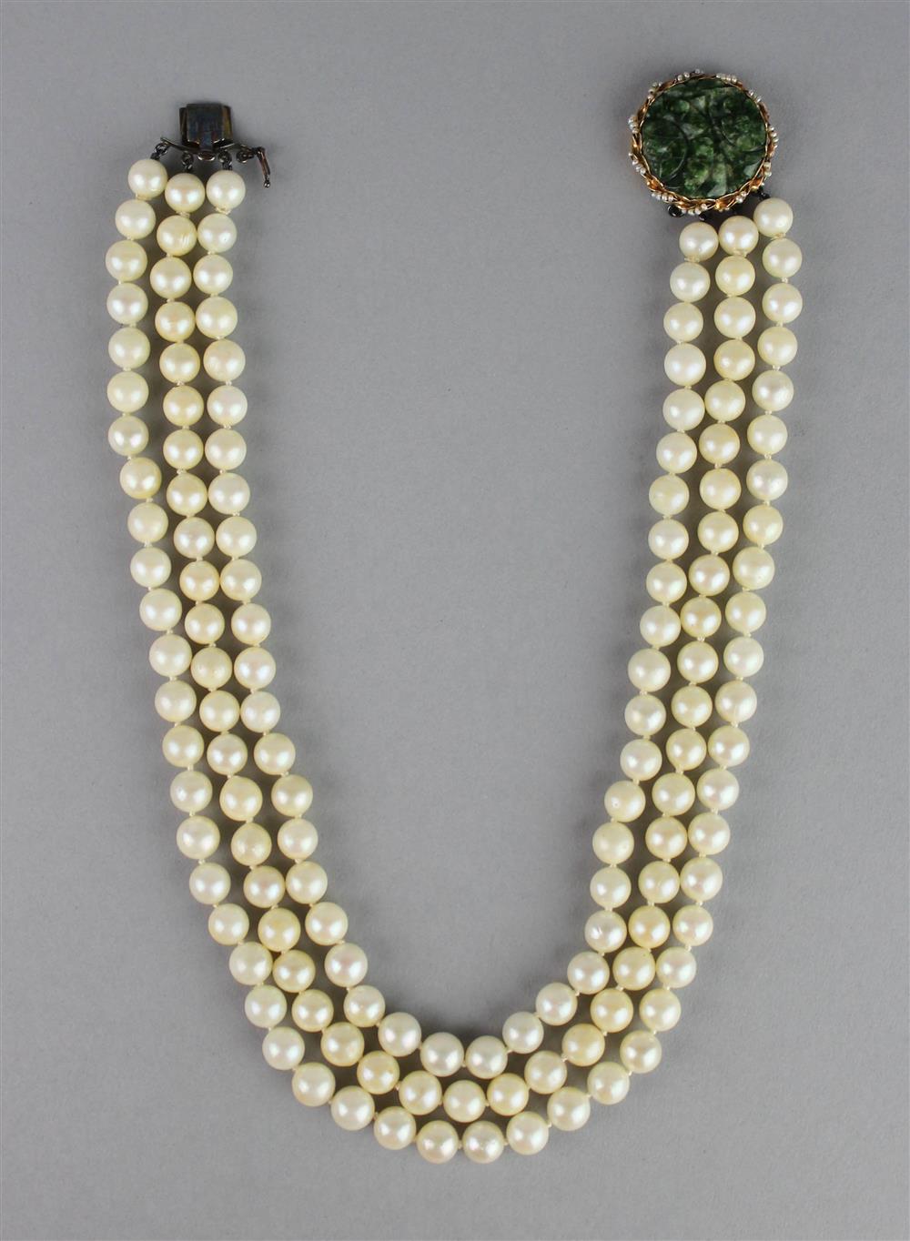 Appraisal: TRIPLE STRAND CULTURED PEARL NECKLACE WITH A K GOLD AND