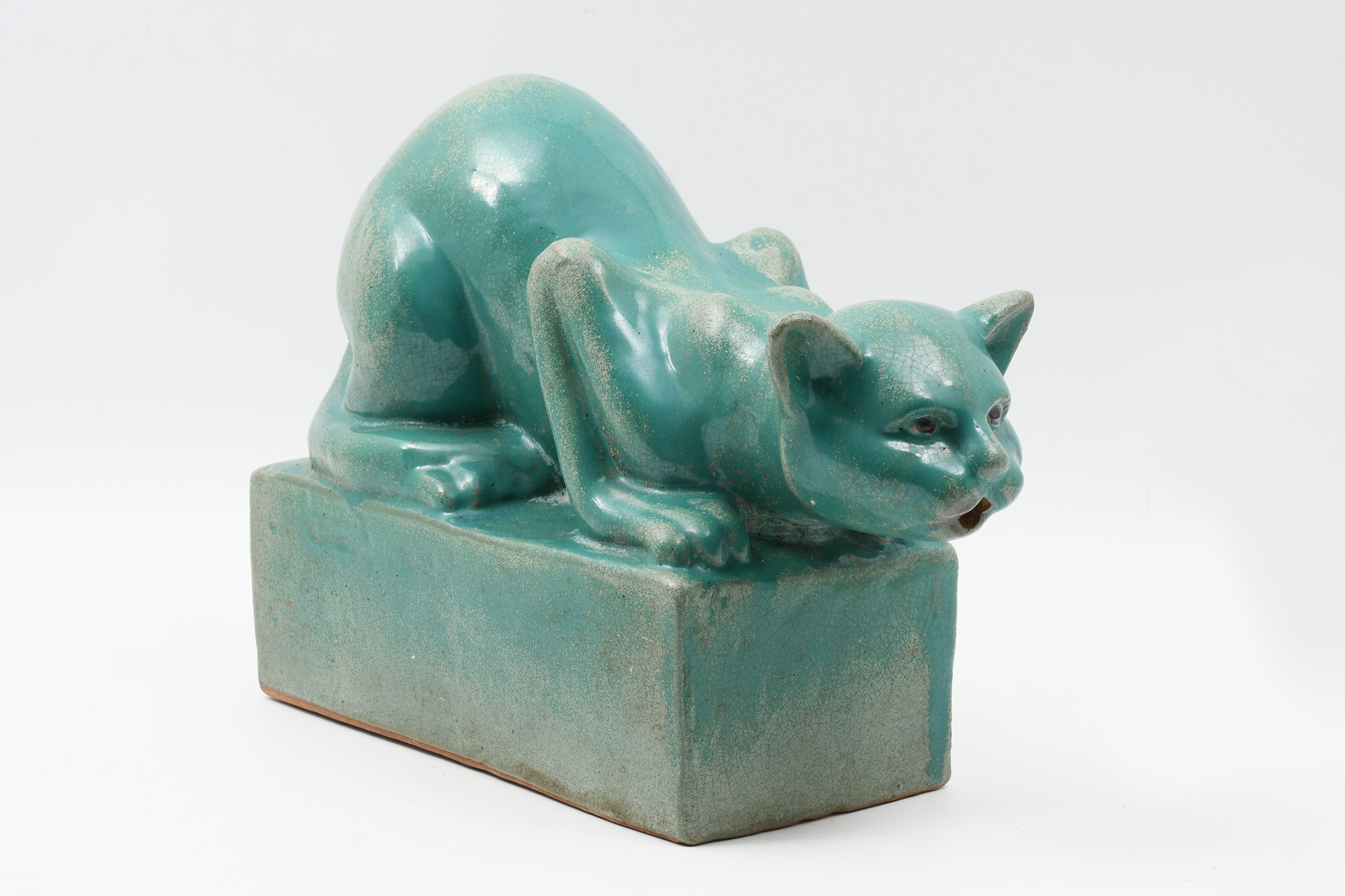 Appraisal: CHINESE EXPORT MONOCHROME CAT FOUNTAIN Blue glazed Chinese porcelain cat